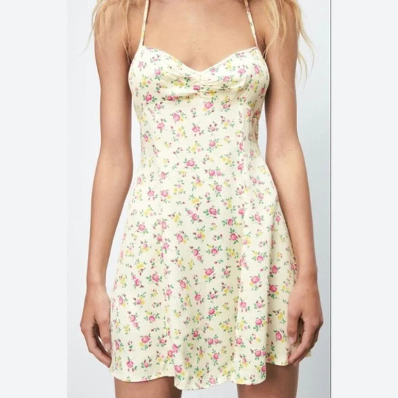 Zara Ditsy Floral Open Back  Mini Slip Dress Yellow Pink Rose NWOT Size Large - Picture 6 of 14